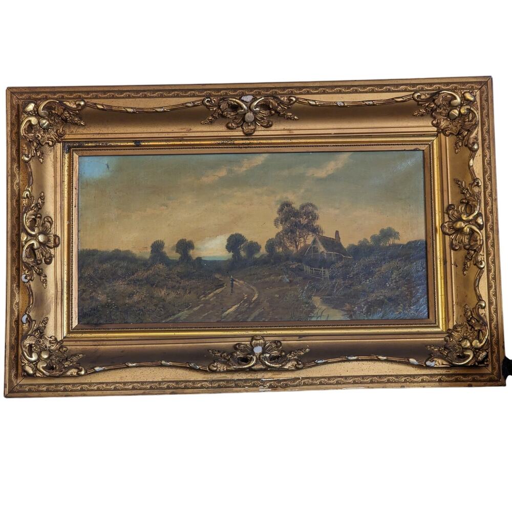 ANTIQUE LANDSCAPE OIL PAINTING, ORNATE GOLD WOODEN FRAME, 33" X 21.25" GORGEOUS!